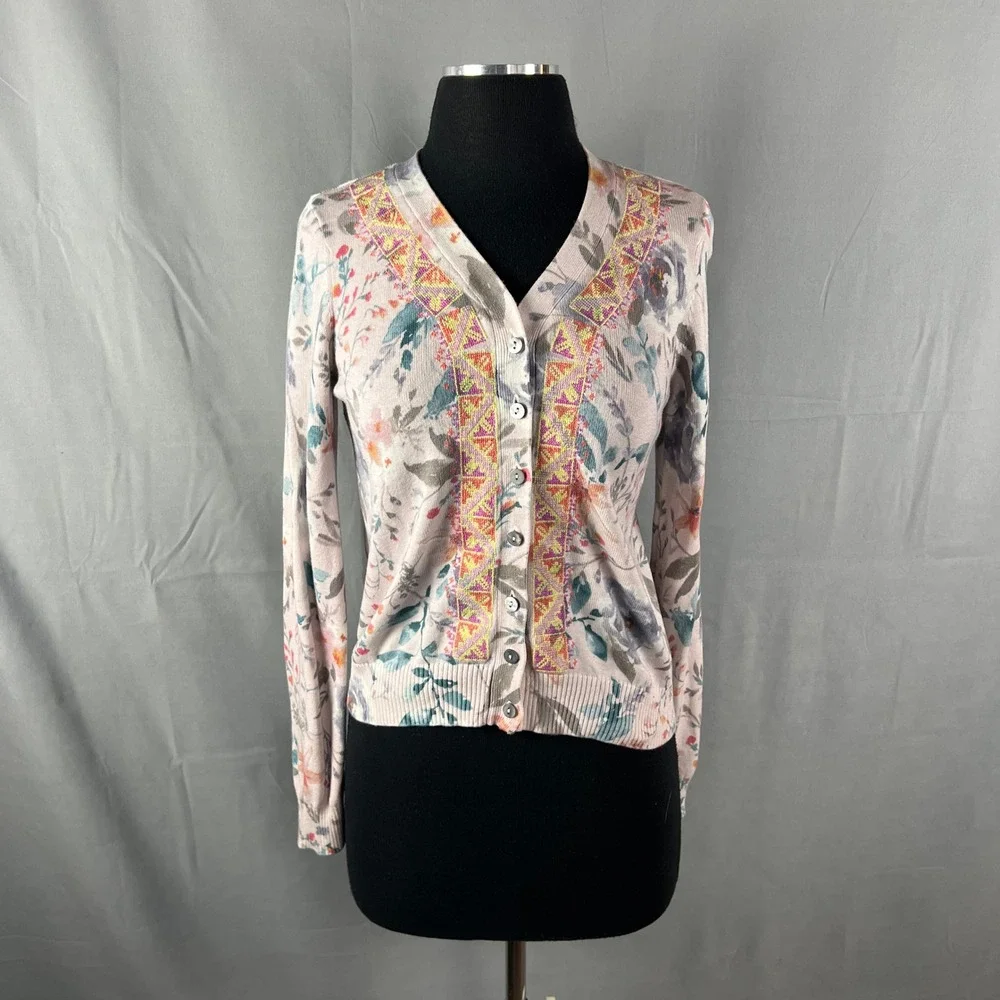 Sundance Cardigan Sweater Womens XS Multicolor Floral Cotton Ribbed Knit V Neck